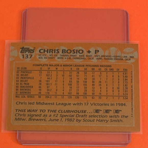 Chris Bosio #137 1988 Topps Baseball Trading Card - Picture 2 of 2